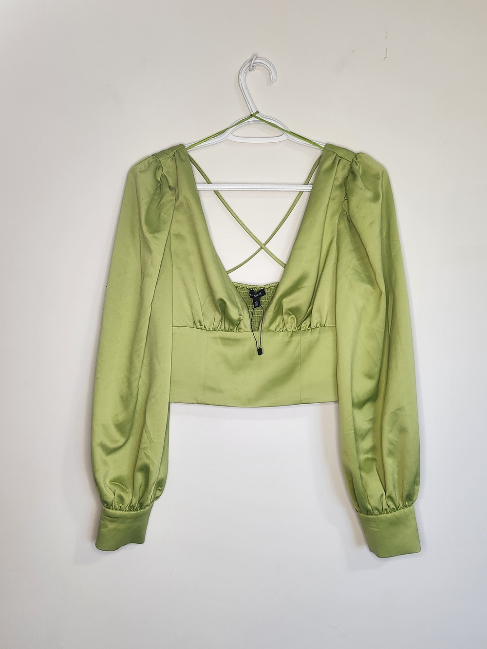 Dynamite Light Green Satin Crisscross Back Crop Top